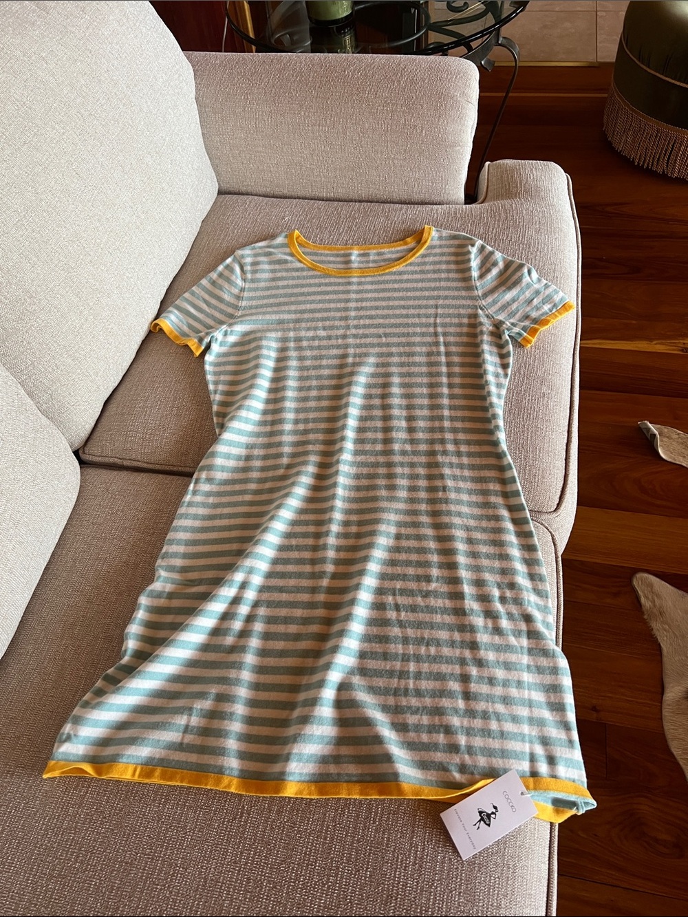 Mint & White Striped Mini Dress with Yellow Trim